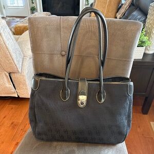 Dooney & Bourke Black Monogram Canvas Tote Handbag Leather Trim